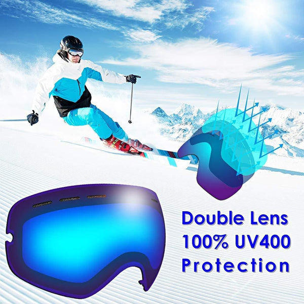 Zerhunt Ski Goggles, Snowboard Goggles Over Glasses, Anti Fog UV Protection Snow Goggles OTG Interchangeable Lens for Men Women Snowmobile, Skiing, Skating, Blue