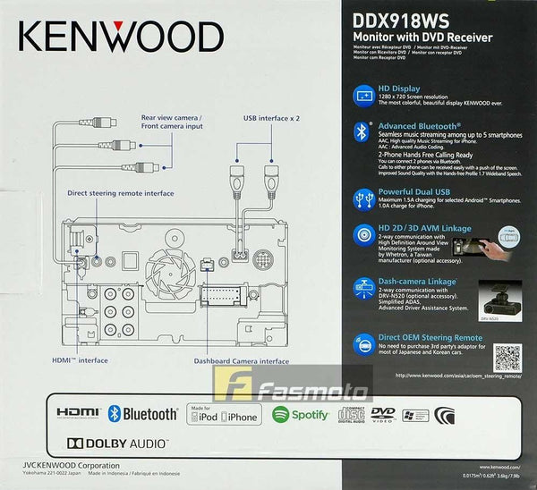 KENWOOD DDX918WS (DVD Region 3) 6.75" HD Capacitive Screen WiFi Apple CarPlay Android Auto Spotify USB Bluetooth High Resolution Audio 200mm Car Stereo