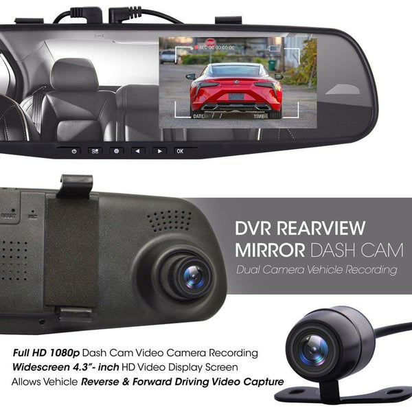 Pyle Dash Cam Rearview Mirror - 4.3" DVR Monitor Rear View Dual Camera Video Recording System in Full HD 1080p w/Built in G-Sensor Motion Detect Parking Control Loop Record Support - PLCMDVR49