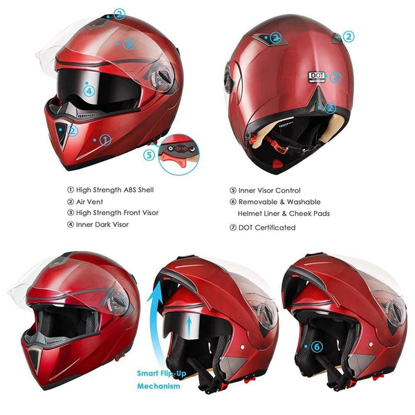 AHR Full Face Flip up Modular Motorcycle Helmet DOT Approved Dual Visor Motocross Red L