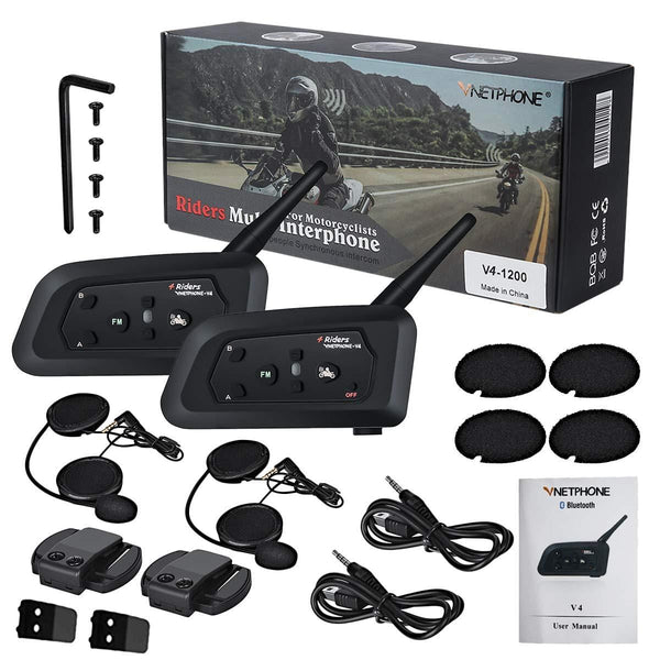[2 Pack] Vnetphone V4 Bluetooth Motorcycle Helmet Headset, Wireless Intercom Interphone System for 4 Riders Talking at The Same Time丨Waterproof IP65丨Talking Range 1500m丨GPS丨Hands-free丨Stereo Music