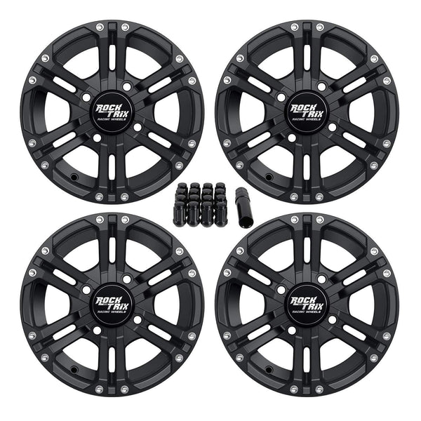 RockTrix RT101 4pc 12in ATV Wheels 4x110 Rims | 12x7 | 5+2 Offset | includes 10x1.25 Spline Lug Nuts | for IRS Honda Kawasaki Yamaha Foreman Rubicon Rincon Brute Force Kodiak Grizzly Rhino 4/110