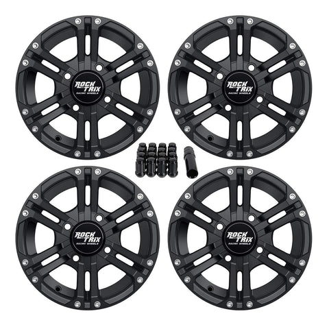 RockTrix RT101 4pc 12in ATV Wheels 4x110 Rims | 12x7 | 5+2 Offset | includes 10x1.25 Spline Lug Nuts | for IRS Honda Kawasaki Yamaha Foreman Rubicon Rincon Brute Force Kodiak Grizzly Rhino 4/110