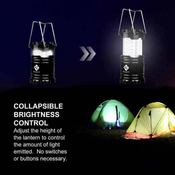 Etekcity 4 Pack LED Camping Lantern Portable Flashlight with 12 AA Batteries - Survival Kit for Emergency, Hurricane, Power Outage (Black, Collapsible) (CL10)