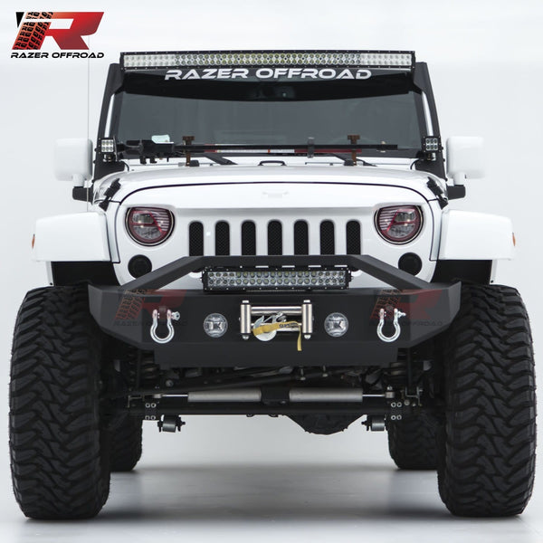 Razer Auto Black Textured Rock Crawler Stubby Front Bumper with OE Fog Light Hole, 2x D-Ring and Built-In 22" LED Light bar mount & Winch Mount Plate (Black) for 07-18 Jeep Wrangler JK