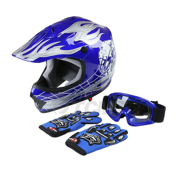 TCMT Dot Youth & Kids Motocross Offroad Street Helmet Blue Skull Motorcycle Youth Helmet Dirt Bike Motocross ATV Helmet+Goggles+Gloves L