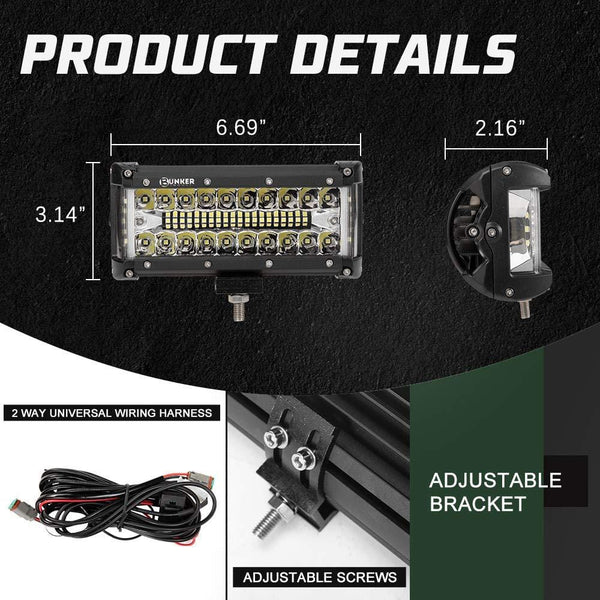 BUNKER INDUST Side Shooter LED Light Pods Wiring Harness Kit, 2Pcs 7 Inch Spot Flood Combo Beam CREE LED Light Bar 80W Work Lights Waterproof Off Road Fog Driving Bumper Light for ATV UTV Truck Boat
