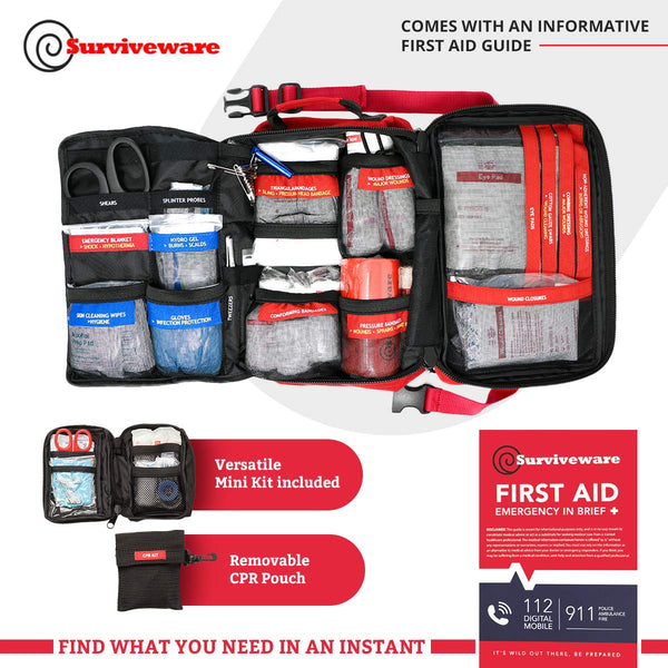 Surviveware Large First Aid Kit & Added Mini Kit for Trucks, Car, Camping and Outdoor Preparedness