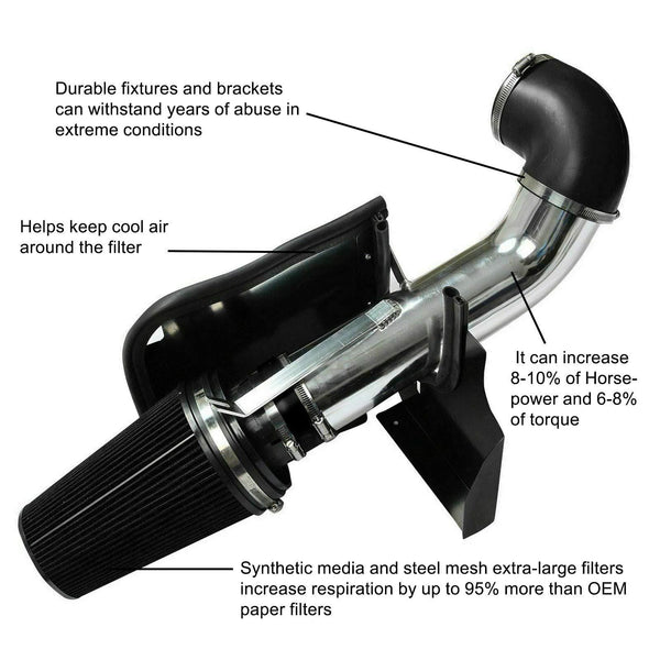 BLACKHORSE-RACING 4" Cold Air Intake System Kit with Heat Shield Filter for GMC Chevy Chevrolet 1999 2000 2001 2002 2003 2004 2005 2006 V8 4.8L/5.3L/6.0L(Black)