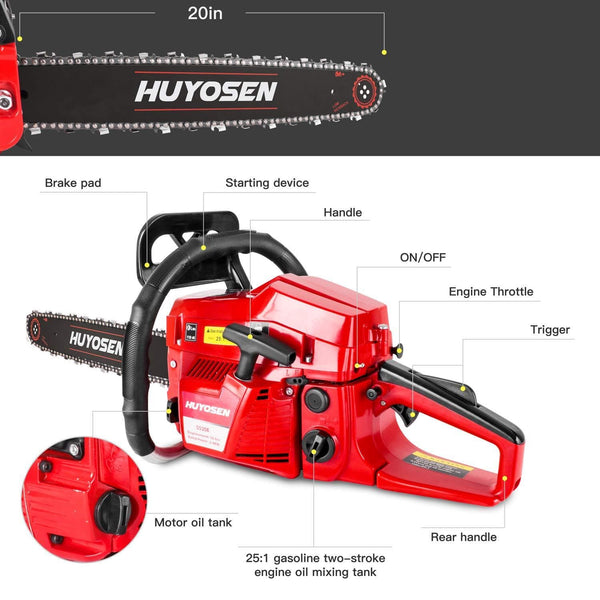 HUYOSEN Gas Power Chain Saws Red Black Corded 54.6CC 2 Cycle Gas Powered Chainsaw Guide bar Size 18 inchs 0.325inchs 72DL Chain Guide Bar