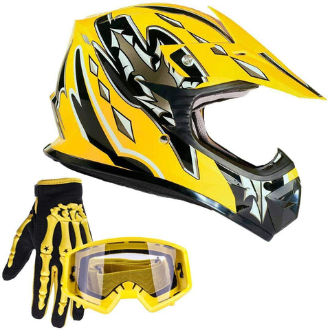 Typhoon Youth Kids Offroad Gear Combo Helmet Gloves Goggles DOT Motocross ATV Dirt Bike MX Motorcycle Yellow, Large