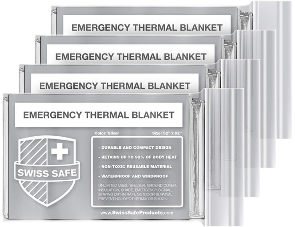 Swiss Safe Emergency Mylar Thermal Blankets (4-Pack) + Bonus Signature Gold Foil Space Blanket: Designed for NASA, Outdoors, Hiking, Survival, Marathons or First Aid