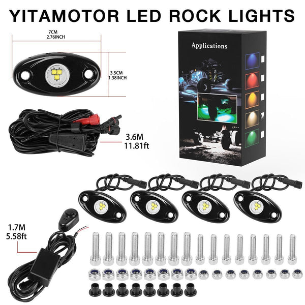 YITAMOTOR White LED Rock lights for Truck Jeep, 4 Pods Wheel Well Rock Lights Kit for RZR ATV UTV Car Vehicle Boat, with 3.6M Wiring Harness + 1.7M Dimmer Switch