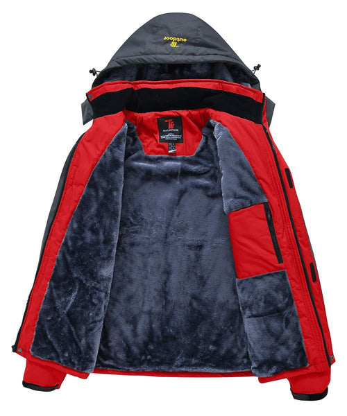 JINSHI Men's Snow Jacket Waterproof Ski Jackets Winter Hooded Mountain Fleece Jacket (Red,L)