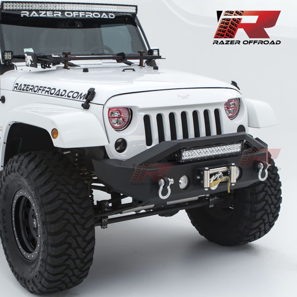 Razer Auto Black Textured Rock Crawler Stubby Front Bumper with OE Fog Light Hole, 2x D-Ring and Built-In 22" LED Light bar mount & Winch Mount Plate (Black) for 07-18 Jeep Wrangler JK