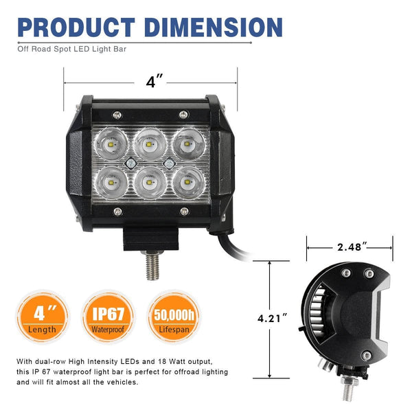 YITAMOTOR Led Light Bar 2PCS 4 inches 18W Square LED Work Light Bar Spot Led Pod light LED with Wiring Harness Waterproof for Jeep SUV Truck Car ATVs 4x4 4WD Boat Off road Driving Light 12V 24V
