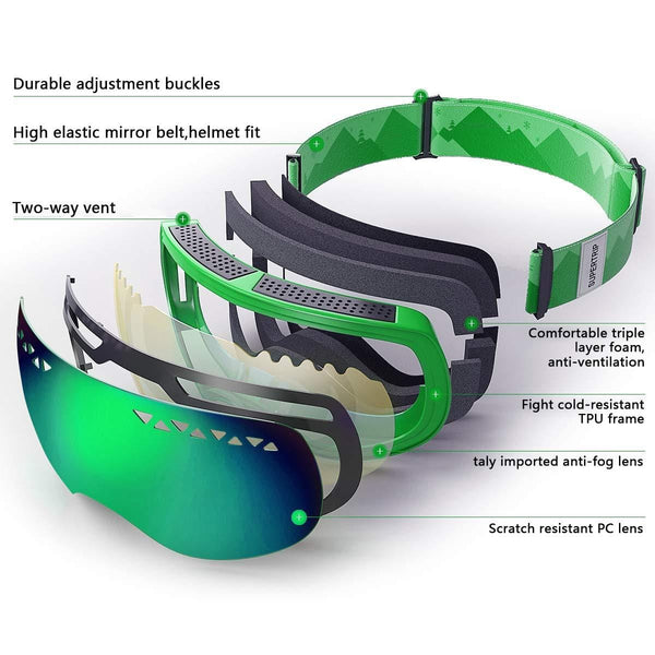 Supertrip Ski Snowboard Goggles for Men & Women Over The Glasses Snow Goggles Anti Fog 100% UV Protection Double Lens Interchangeable Lens for Skiing (Gray Revo Green(VLT 12%) Without case)