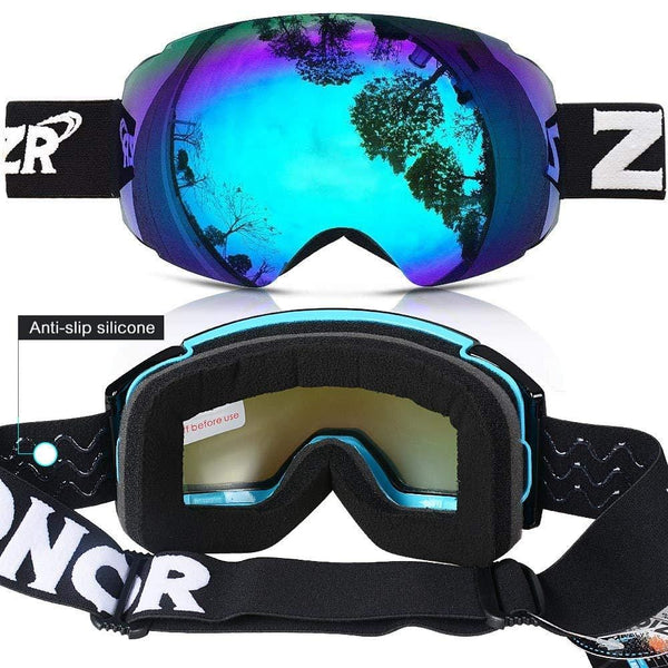ZIONOR X4 Ski Snowboard Snow Goggles Magnet Dual Layers Lens Spherical Design Anti-Fog UV Protection Anti-Slip Strap for Men Women (VLT 13.67% Blue Frame Revo Blue Lens)