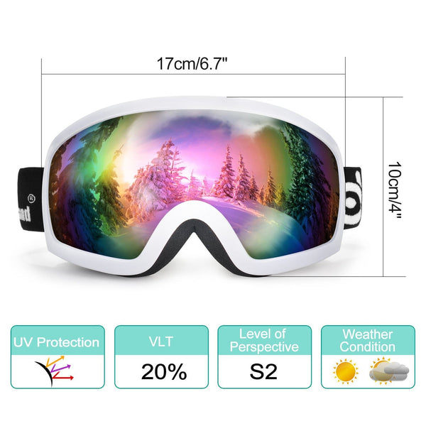 General OTG Ski Goggles for Adult, Double Anti-Fog Lenses with UV400 Protection, ODOLAND S2 Goggles for Snowboarding Skating Sledding, White