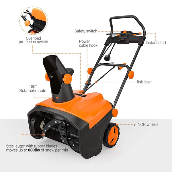 TACKLIFE Snow Blower, 15Amp Electric Snow Blower, 20 INCH Width Steal Auger, 30ft Throwing Distance, Overload Protection, Anti-Freezing Handle, for Snow Cleaning, GST01