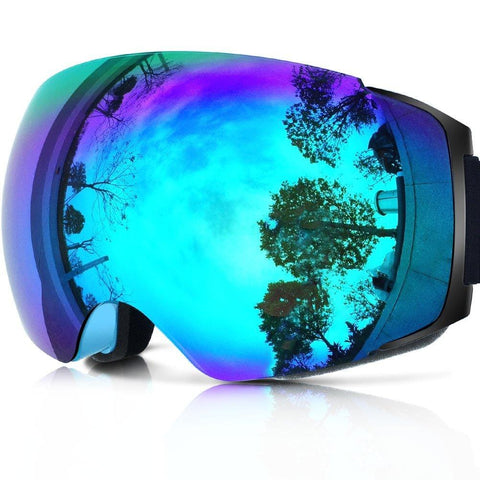 ZIONOR X4 Ski Snowboard Snow Goggles Magnet Dual Layers Lens Spherical Design Anti-Fog UV Protection Anti-Slip Strap for Men Women (VLT 13.67% Blue Frame Revo Blue Lens)