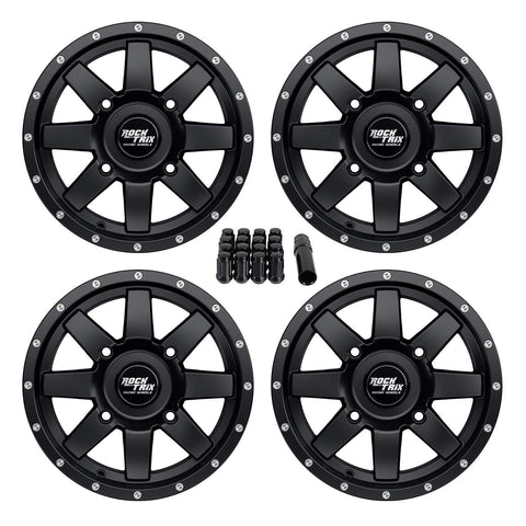 RockTrix RT106 4pc 14in ATV Wheels 4x110 Rims | 14x7 | 5+2 Offset | includes 10x1.25 Spline Lug Nuts | for IRS Honda Kawasaki Yamaha Foreman Rubicon Rincon Brute Force Kodiak Grizzly Rhino 4/110