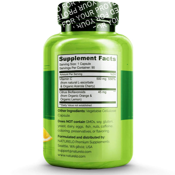 NATURELO Premium Vitamin C with Organic Acerola Cherry and Citrus Bioflavonoids - Whole Food Powder Supplement - Not Synthetic Ascorbic Acid - 500 mg - Non-GMO - Raw Vegan - 90 Capsules