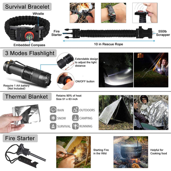 Napasa Emergency Survival Kit 45 in 1 Outdoor Survival Gear Tool and First Aid Kit, Survival Bracelet, Emergency Blanket, Compass, Multi-Purpose EDC Outdoor Gear for Camping Hiking Climbing