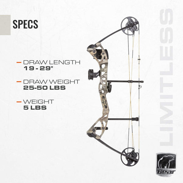 Bear Archery Limitless Dual Cam Compound Bow - Includes Quiver, Sight and Rest, God's Country