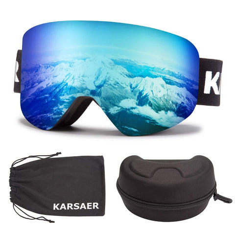 Karsaer Ski Goggles Snowboard Snow Goggles OTG Magnet Dual Layers Lens UV Protection Anti-Fog UV Protection Scratch Resistant Anti-Slip Strap for Men Women