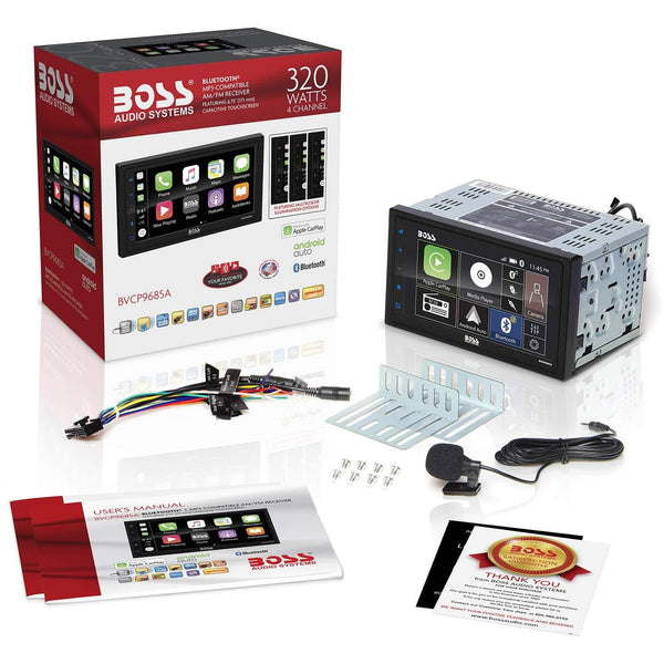 BOSS Audio BVCP9685A Apple Carplay Android Auto Car Multimedia Player - Double Din Car Stereo, 6.75 Inch LCD Touchscreen Monitor, Bluetooth, MP3 Player, USB Port, A/V Input, Am/FM Car Radio