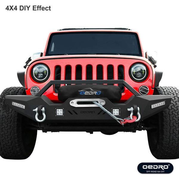 oEdRo Front Bumper, Compatible for 2007-2018 Jeep Wrangler JK & Unlimited, Rock Crawler Bumper with Winch Plate Mounting & 4 x LED Lights & 2 x D-Rings Off Road