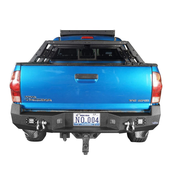 Hooke Road Solid Steel Offroad Rear Bumper w/LED Lights & D-Rings for 2005-2015 2 Gen Toyota Tacoma