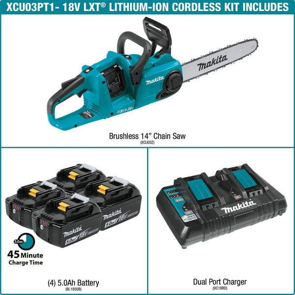 Makita XCU03PT1 18V X2 (36V) LXT Lithium-Ion Brushless Cordless 14" Chain Saw Kit with, 4 Batteries (5.0Ah)