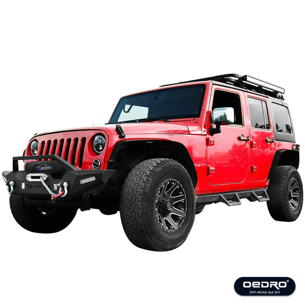 oEdRo Front Bumper, Compatible for 2007-2018 Jeep Wrangler JK & Unlimited, Rock Crawler Bumper with Winch Plate Mounting & 4 x LED Lights & 2 x D-Rings Off Road