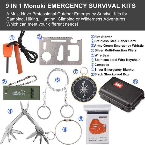 Emergency Survival Kit, Monoki 9-In-1 Compact Outdoor Survival Gear Kits Portable EDC Emergency Survival Tools Set with Gift Box for Camping Hiking Hunting Climbing Travelling or Wilderness Adventures