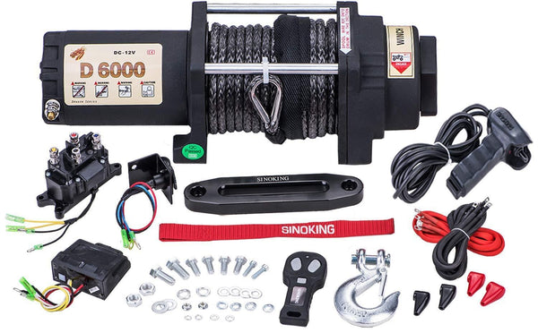 Sinoking 12VDC 6000lb/2722kg, UTV&ATV Winch with 1/4"49′（feet） Synthetic Rope Wireless Remote Control Waterproof Electric Winch Kit