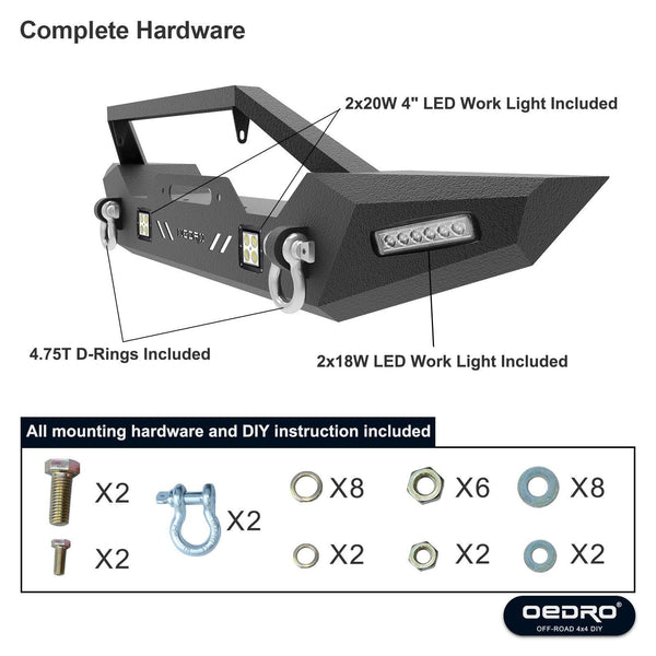 oEdRo Front Bumper Compatible for 87-06 Jeep Wrangler TJ & YJ Rock Crawler Bumper with Winch Plate Mounting & 4X LED Lights & 2X D-Rings Off Road