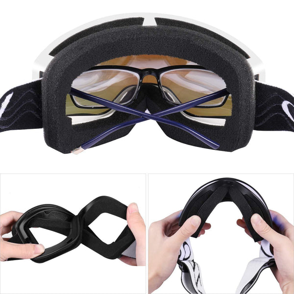 VELAZZIO OTG Ski Goggles, Snowboard Goggles - Double Layer Interchangeable Lens, UV Protection, Anti-Fog, Snow Goggles for Men & Women (White Frame/Grey Lens with REVO Blue Coating (VLT 17%))