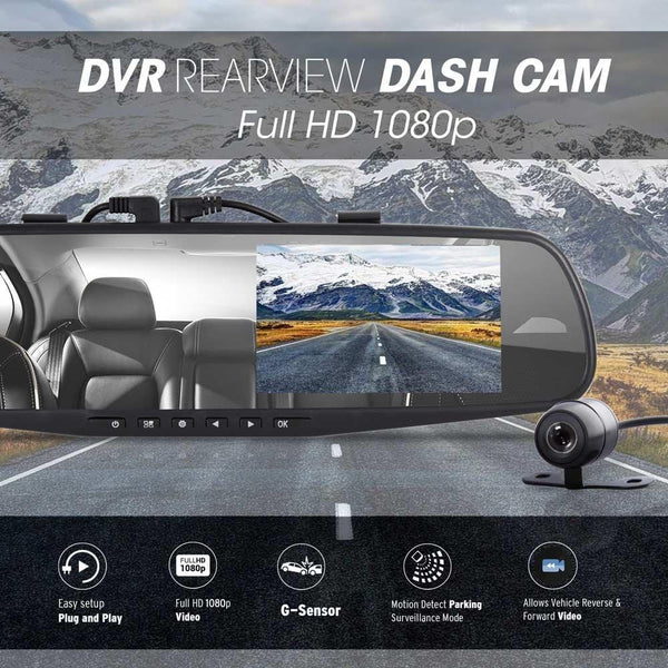 Pyle Dash Cam Rearview Mirror - 4.3" DVR Monitor Rear View Dual Camera Video Recording System in Full HD 1080p w/Built in G-Sensor Motion Detect Parking Control Loop Record Support - PLCMDVR49