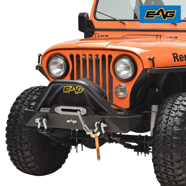 EAG Stubby Front Bumper with Winch Plate and D-Rings Black Textured Fit for 76-86 Jeep Wrangler CJ