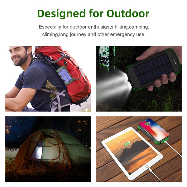 Solar Charger 10000mAh, Portable Solar Power Bank IPX4 Splashproof Outdoor Travel Qi Wireless Solar Panel Charging External Battery Pack with DC5V/2.1A USB Output/Type-C Input/Dual Flashlight/Compass