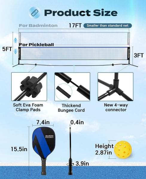 AboveGenius Pickleball Set with Net(17 FT), Pickleball Paddles Set of 1 2 3 4, Portable Pickleball Net for Outdoor Indoor Driveway, 4 Pickleball Balls, 1 Storage Bag, 1 Carry Bag, 1 Court Marker Blue