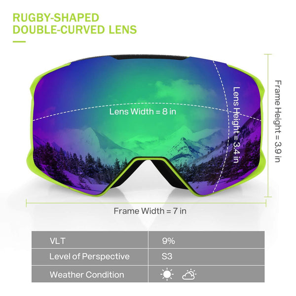 DISUPPO Ski Goggles,Skiing Goggles with Hyperboloid Anti-Fog Dual Lens,100% UV400 Protection, Windproof Impact-Resistant Anti-Glare Snowboard Goggles for Men & Women (Green)