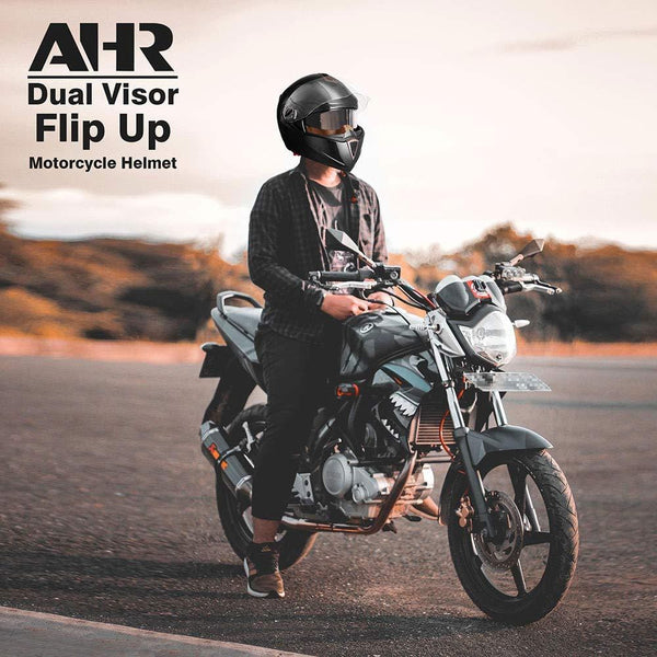 AHR Full Face Flip up Modular Motorcycle Helmet DOT Approved Dual Visor Motocross Black M