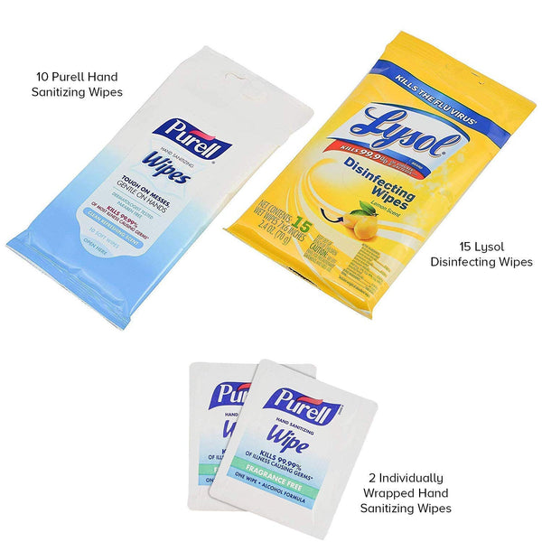 Sani-Fly Seat Sanitation Travel Kit OCD Cleaning Kit for Planes, Trains & Automobiles with Disinfecting, Sanitizing & Hygiene Wipes, Eye Mask, Neck Pillow, Tray & Headrest Covers, Rubber Gloves & More