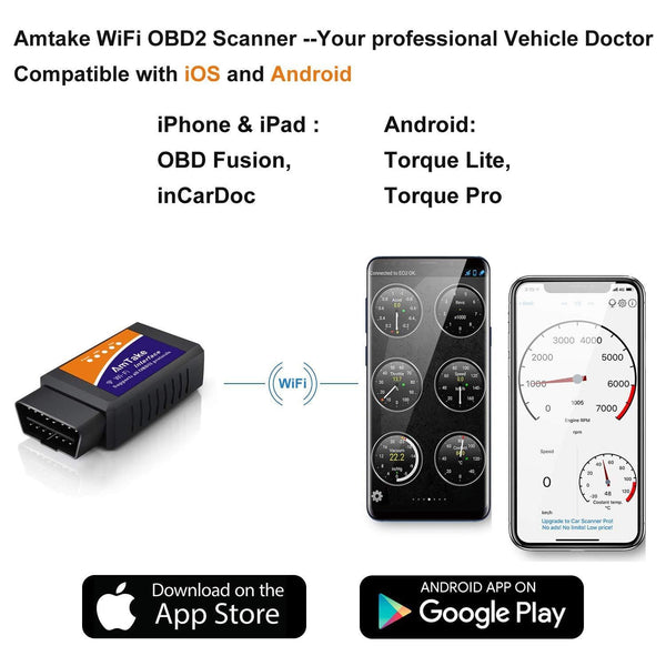 Amtake Upgraded OBD2 Scanner for iPhone & Android, OBDII Scanner WiFi OBDII Car Diagnostic Scan Tool Erase Error Code for Check Engine Light, Supports inCarDoc, OBD Fusion, Torque