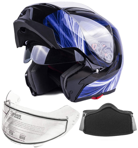 Typhoon G339 Adult Dual Visor Modular Snowmobile Helmet DOT Full Face Flip-up (Blue, Large)