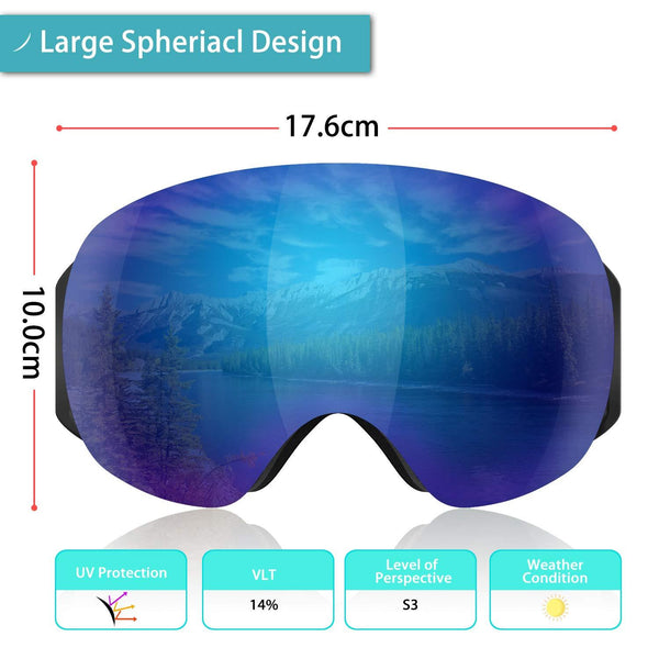 KUYOU Ski Goggles Men Women, Large Spherical Frameless Snow Goggles Interchangeable Lens OTG Double Lens Snowboard Goggles Anti-Fog Shatterproof 90°Bendable UV400 Protection