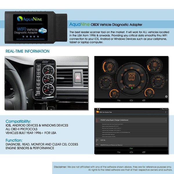 AquaNine OBD2 OBDII WiFi Car Diagnostic Scanner Code Reader Scan Tool for iOS, Android and Windows Devices - Read and Clear CEL Trouble Codes - Monitor Engine Performance with What The Pros Uses!